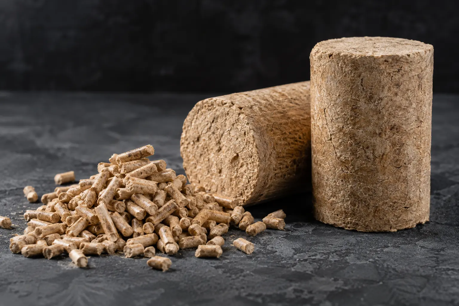 Illustrative Darstellung loser Holzpellets und gepresster Holzbriketts
